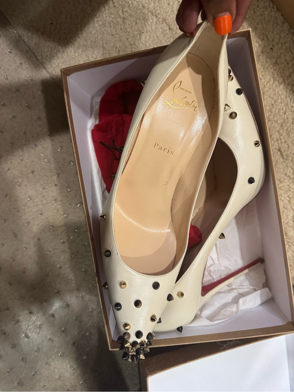 Christian Louboutin Ivory Leather Studded Pointed-Toe Pumps